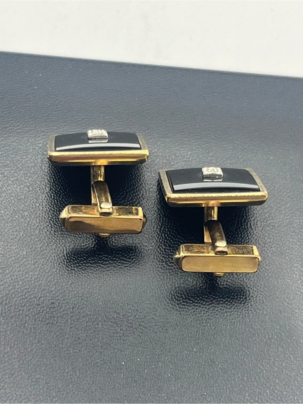 Swank 12k gold filled diamond chip black stone square cufflinks vintage